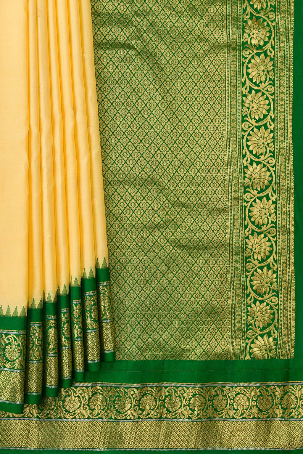 Pleats and pallu of Sandal Dual Tone Gadwal Silk Saree with Zari Butta on the body and Zari Border. 