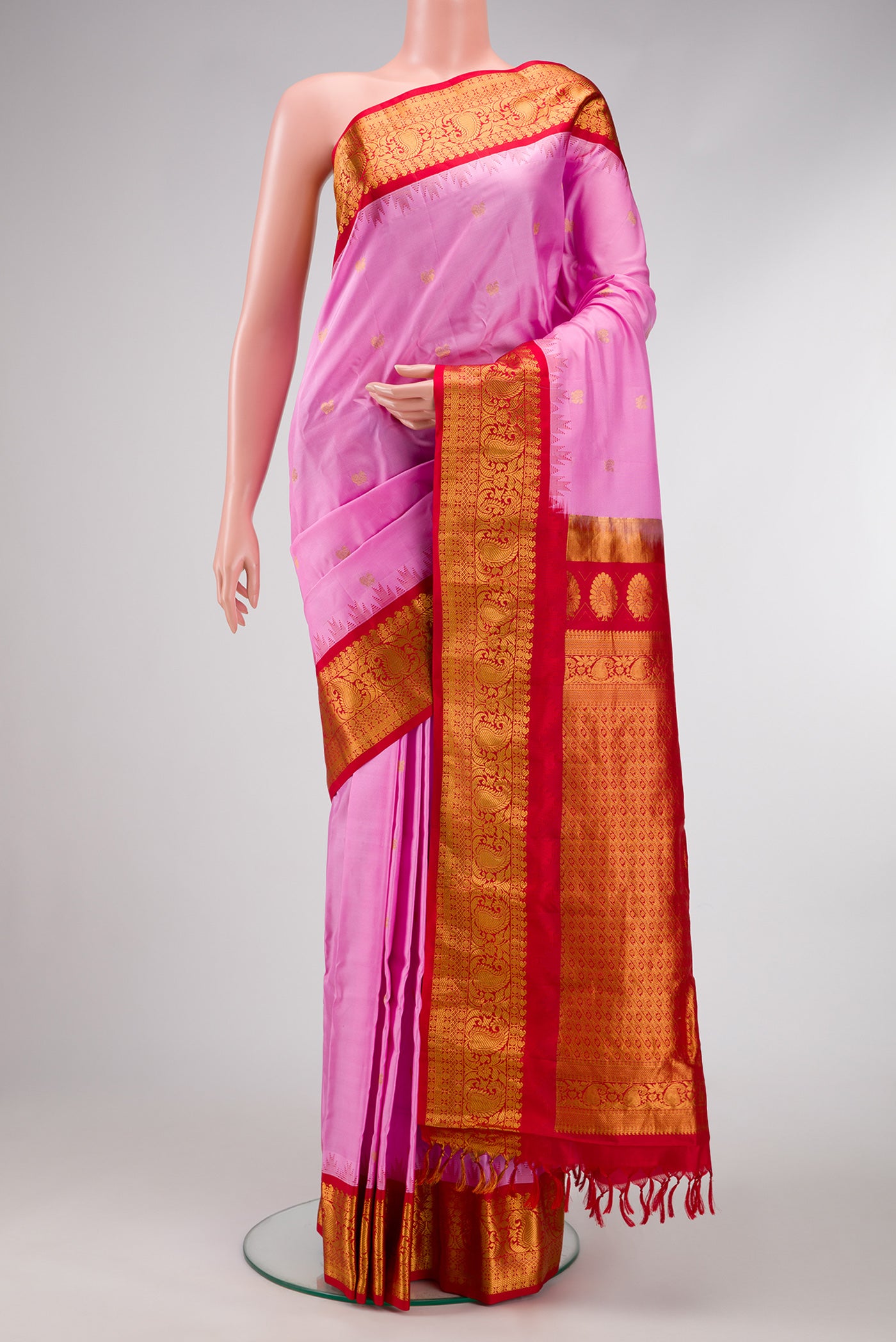 Pink Dual Tone Gadwal Silk Saree with Zari Butta on the body and Zari Border.  displayed on a mannequin