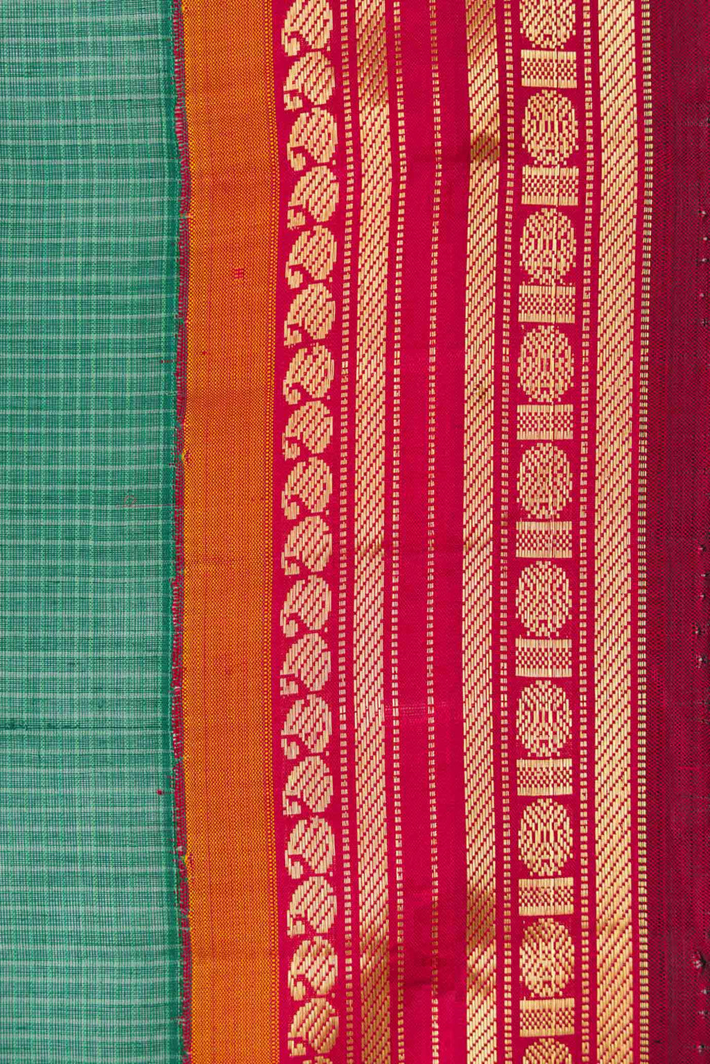 Border image of Green Gadwal cotton Saree with Checked design on the body and Zari Border
