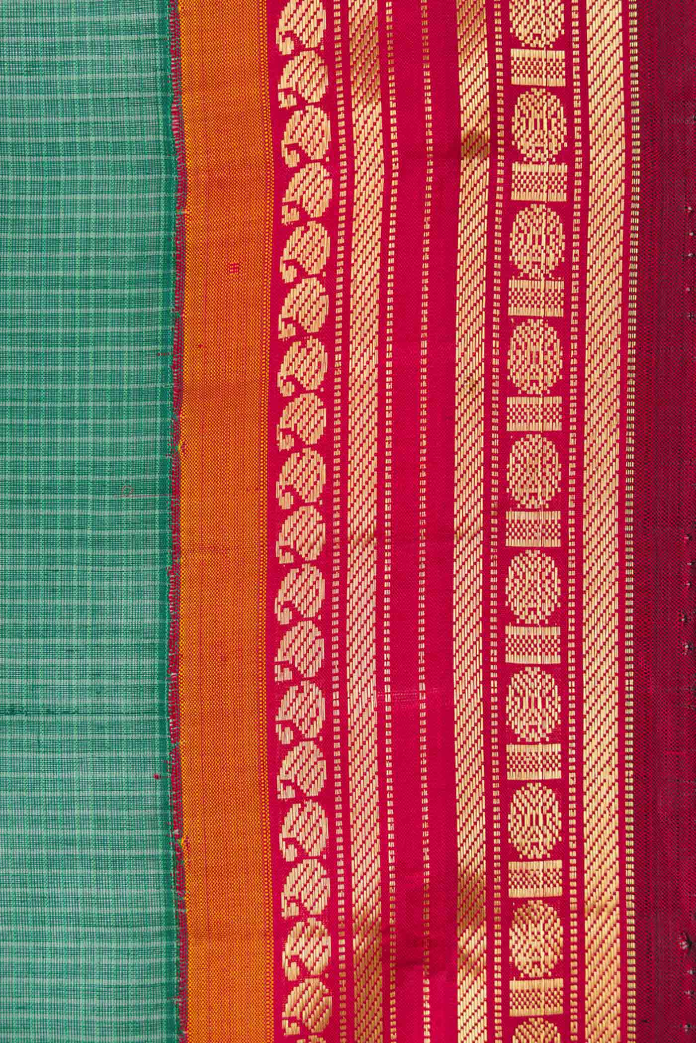 Border image of Green Gadwal cotton Saree with Checked design on the body and Zari Border