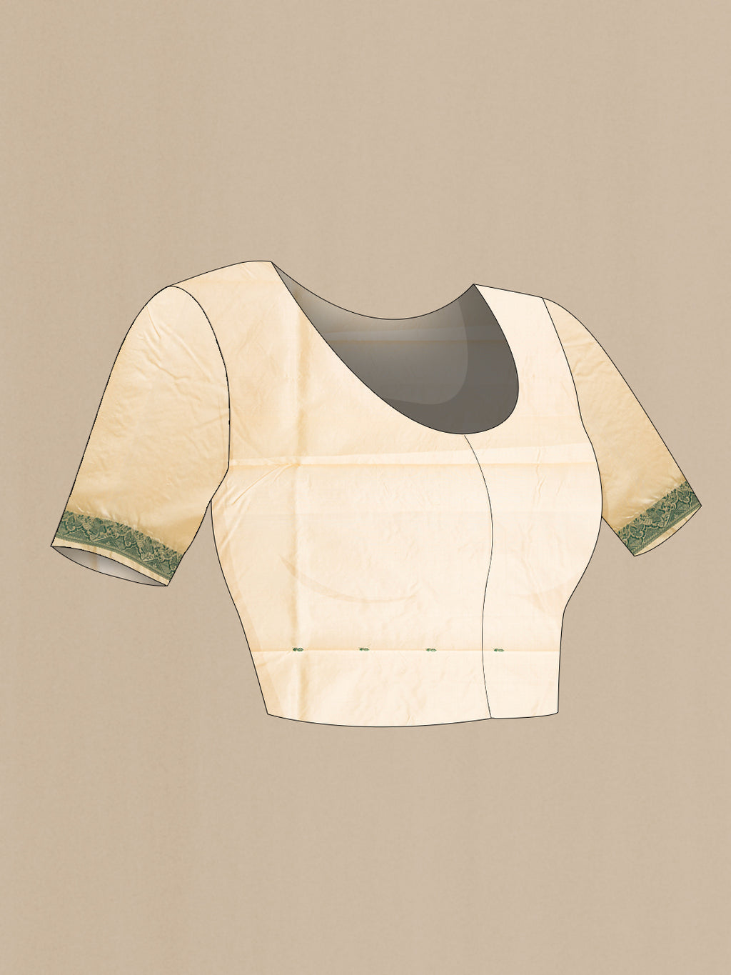 Close up image of the blouse of Sandal Banarasi Silk Saree with Thread Butta on the body and Thread Border. 