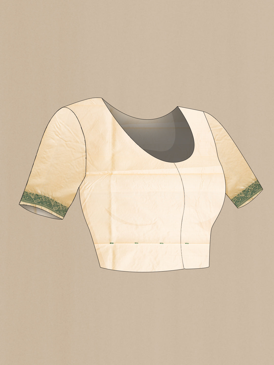 Close up image of the blouse of Sandal Banarasi Silk Saree with Thread Butta on the body and Thread Border. 