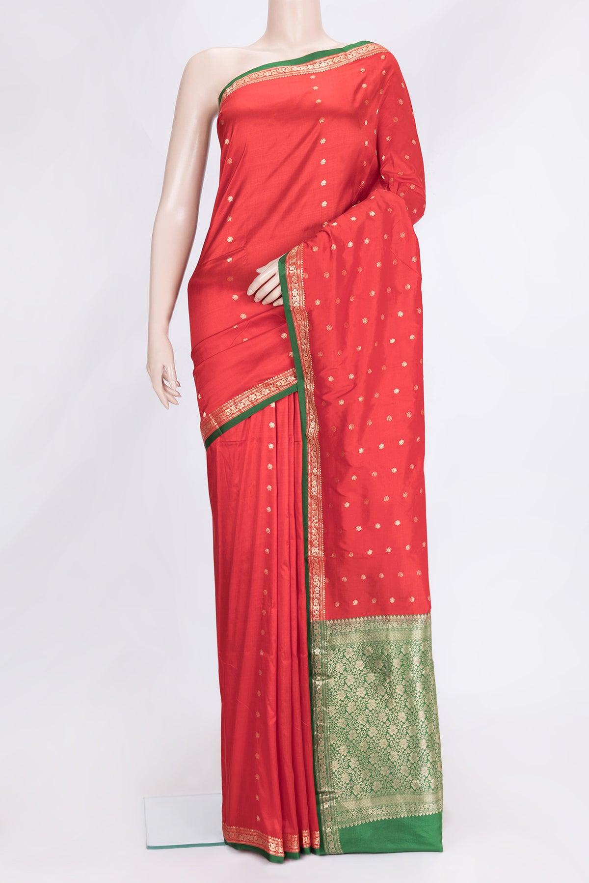 Red Dual Tone Banarasi Silk Saree with Zari Butta on the body and Zari Border.  displayed on a mannequin
