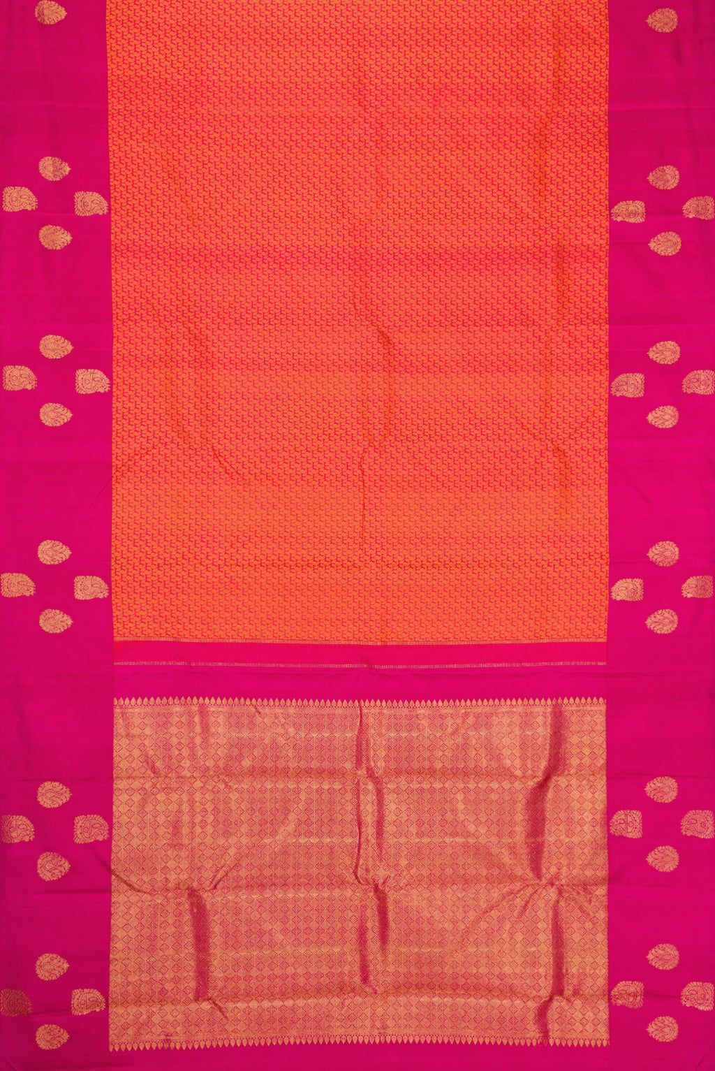 Flat view of Coral Dual Tone Kanjivaram Silk Saree with Jacquard design on the body and Fancy Border. 