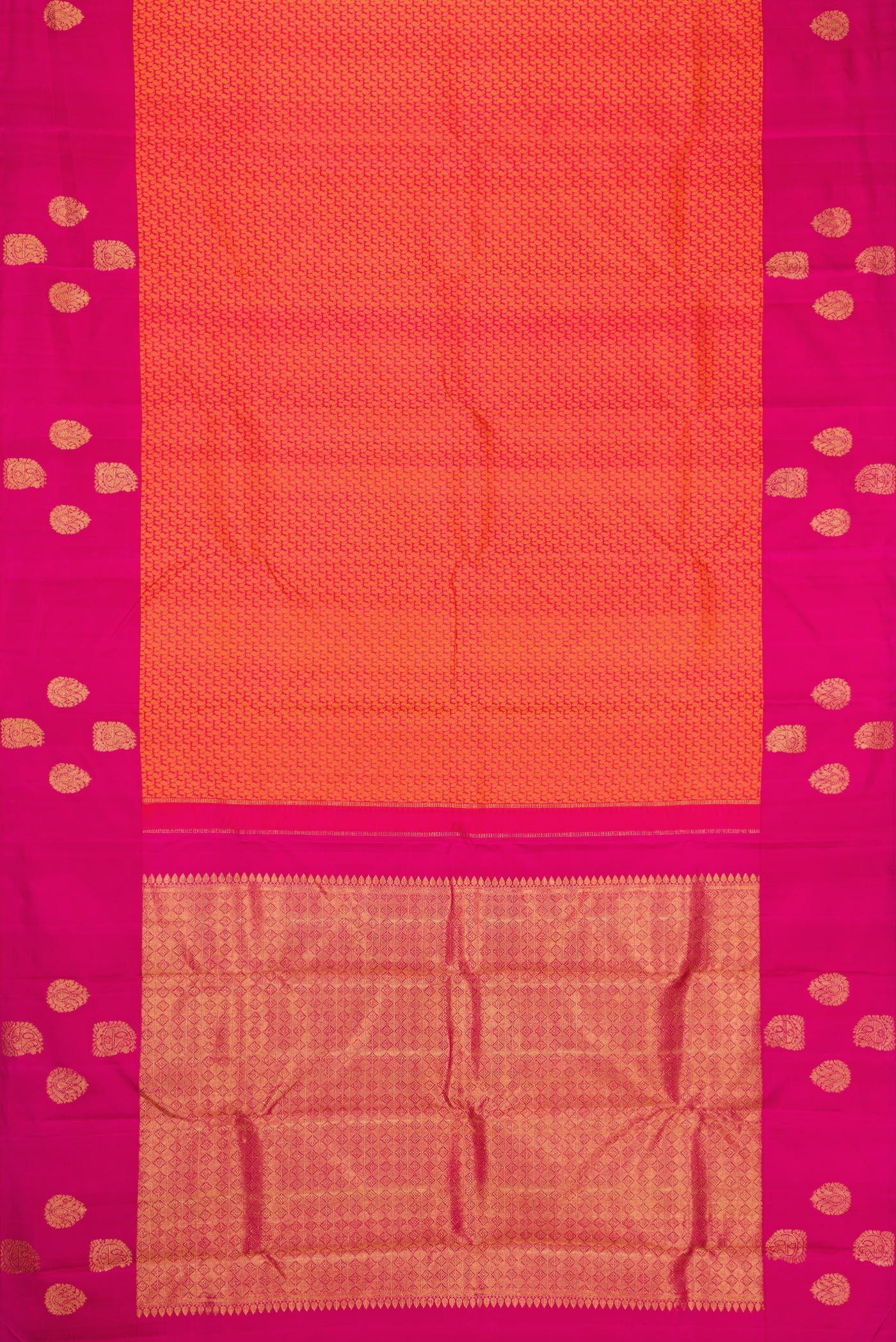 Flat view of Coral Dual Tone Kanjivaram Silk Saree with Jacquard design on the body and Fancy Border. 