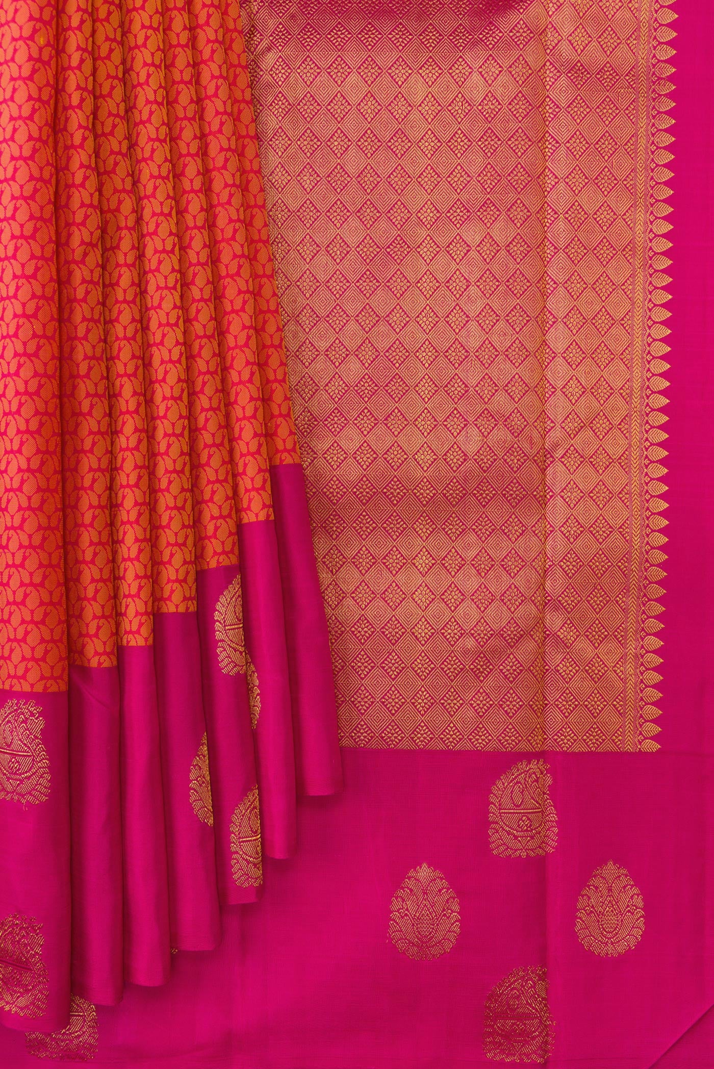 Pleats and pallu of Coral Dual Tone Kanjivaram Silk Saree with Jacquard design on the body and Fancy Border. 