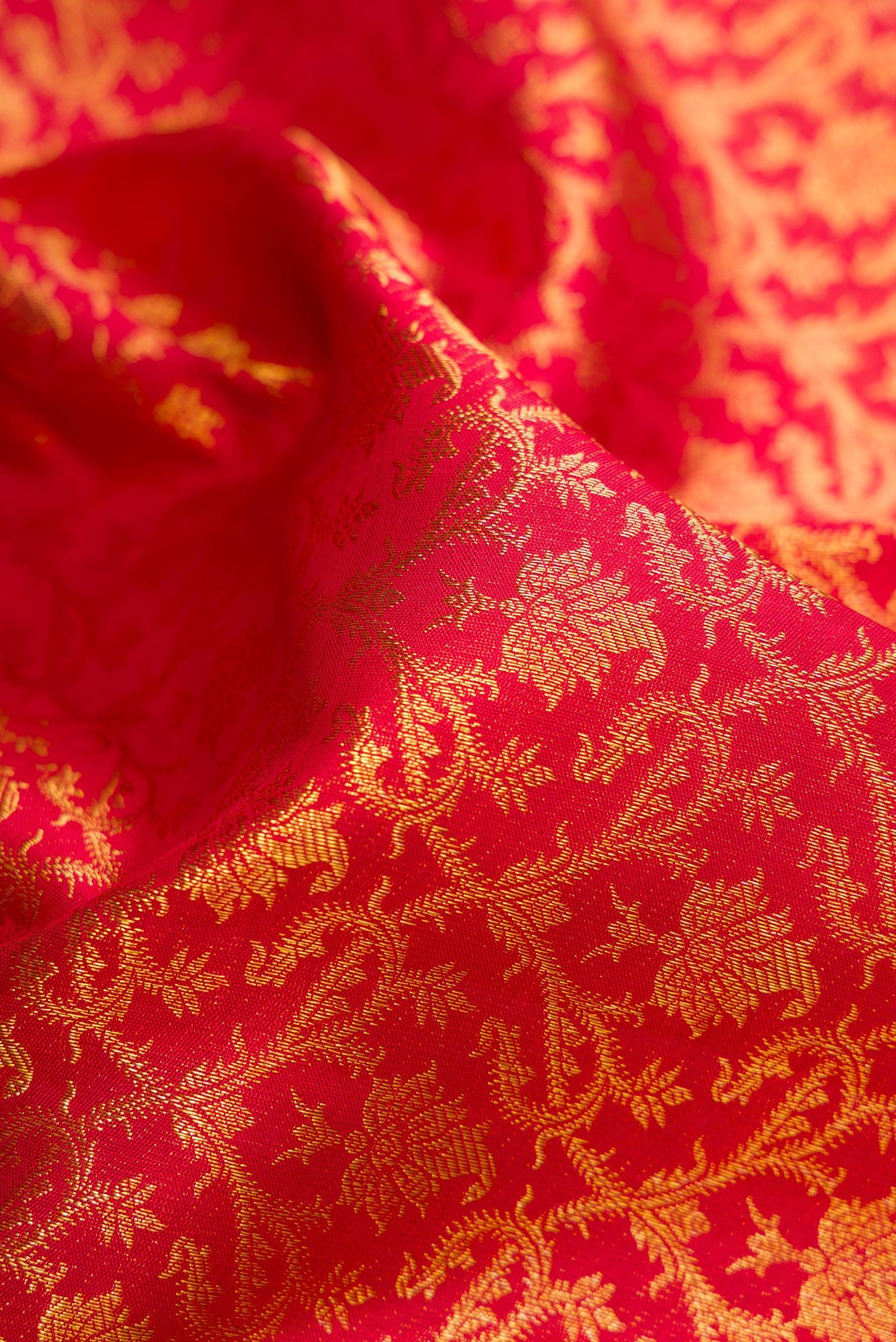 Close up of Red Dual Tone Kanchipuram Silk Saree with Zari Brocade on the body and Zari Border.  displaying folds