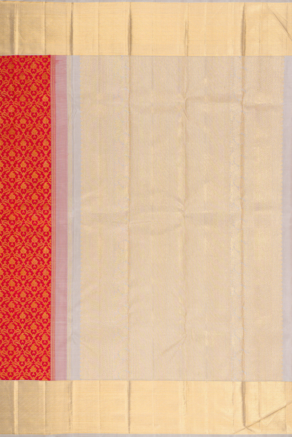 Close up image of the pallu of Red Dual Tone Kanchipuram Silk Saree with Zari Brocade on the body and Zari Border. 
