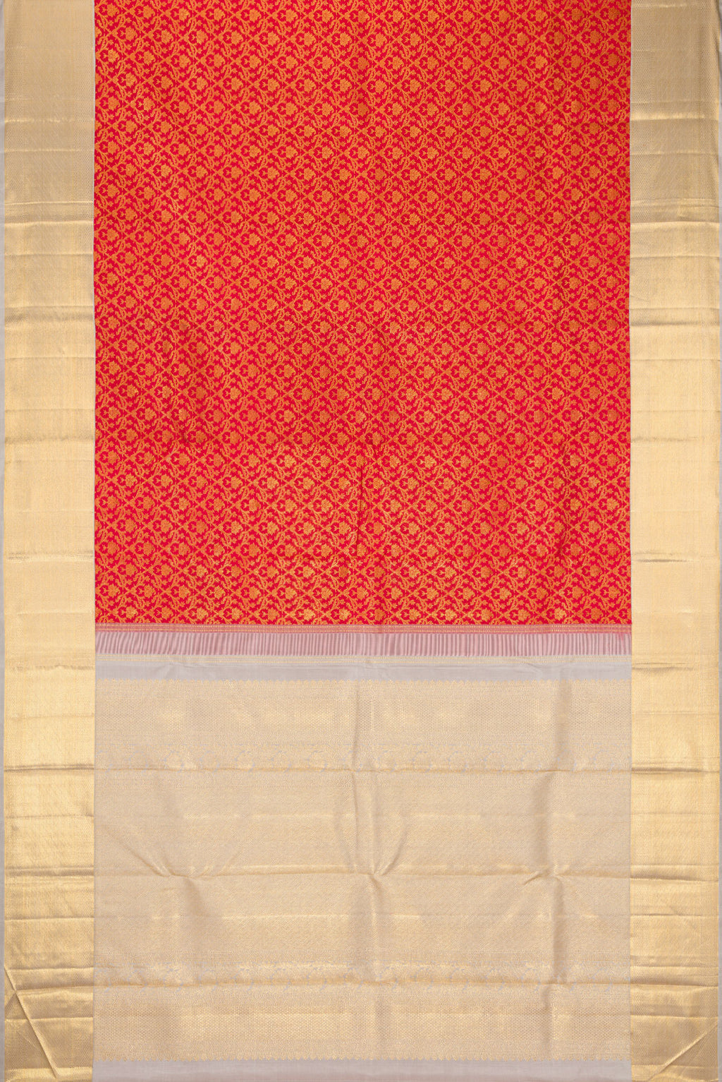 Flat view of Red Dual Tone Kanchipuram Silk Saree with Zari Brocade on the body and Zari Border. 