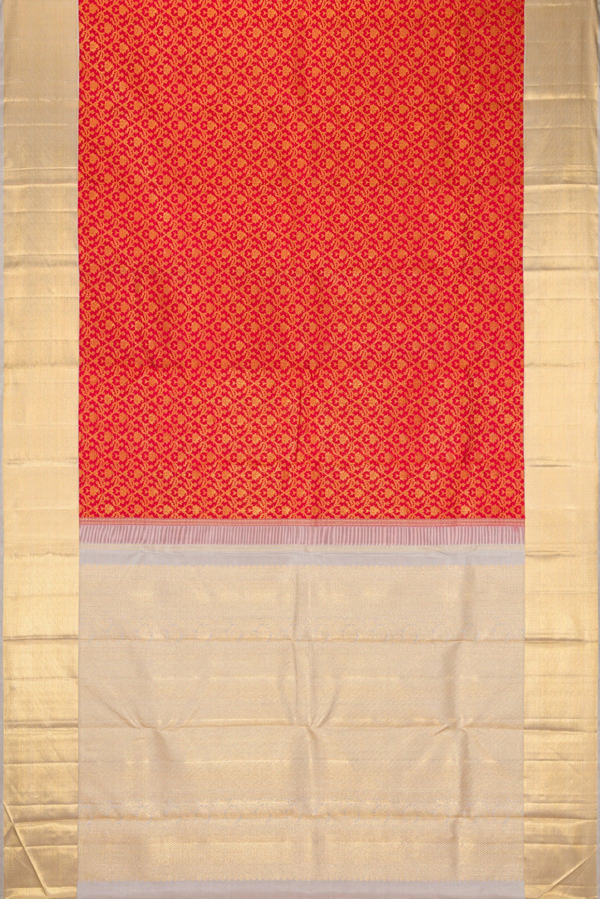 Flat view of Red Dual Tone Kanchipuram Silk Saree with Zari Brocade on the body and Zari Border. 