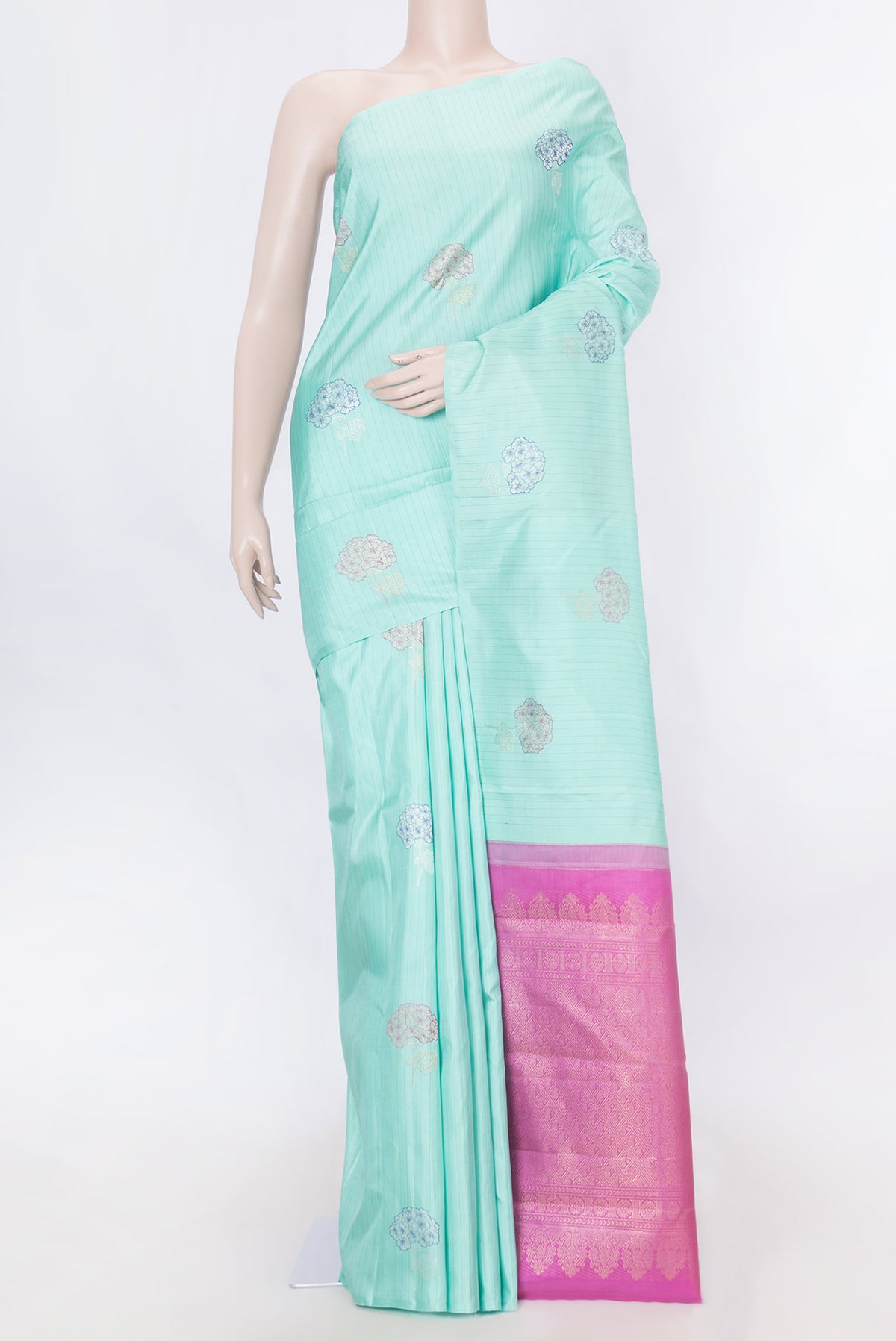 Pure Silk Pure Zari Sea Green Dual Tone Kanchipuram Saree with Zari Butta on the body and Without Border displayed on a mannequin