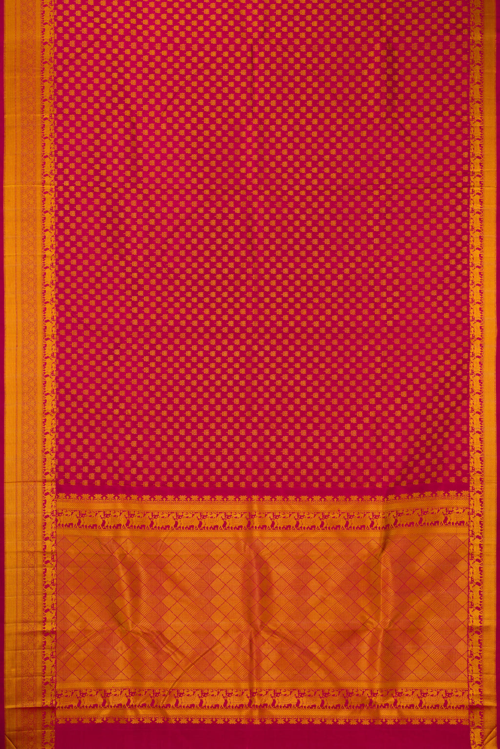 Flat view of Pure Silk Maroon Kanjivaram Saree with Thread Brocade on the body and Thread Border. 