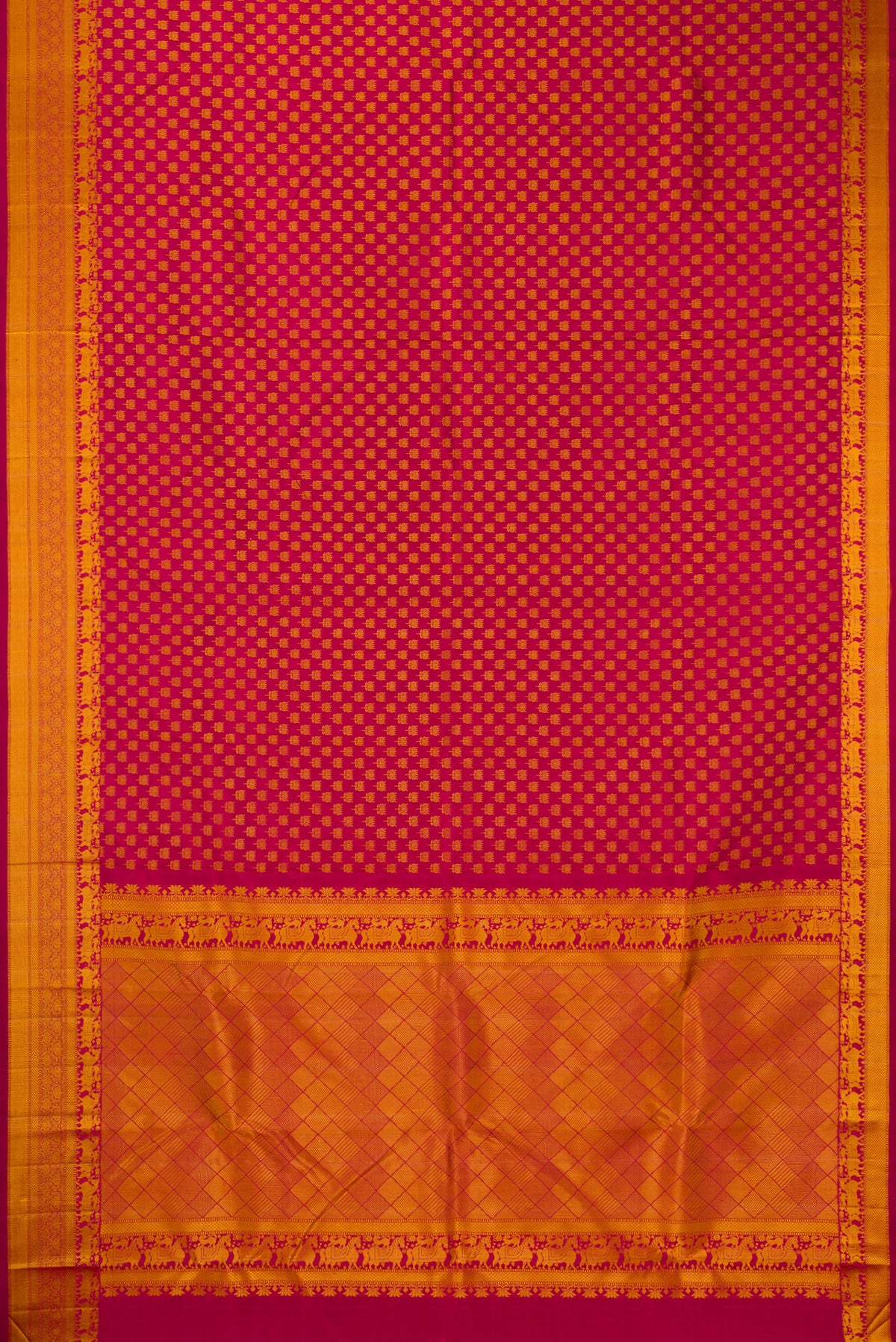 Flat view of Pure Silk Maroon Kanjivaram Saree with Thread Brocade on the body and Thread Border. 