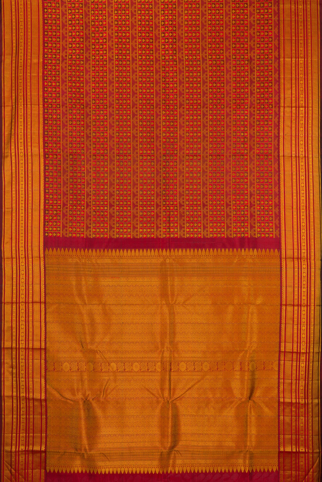 Flat view of Maroon Kanjivaram Silk Saree with Jacquard design on the body and Thread Border. 
