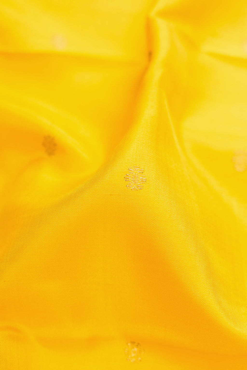 Close up of Yellow Dual Tone Kanjivaram Silk Saree with Zari Butta on the body and Zari Border.  displaying folds