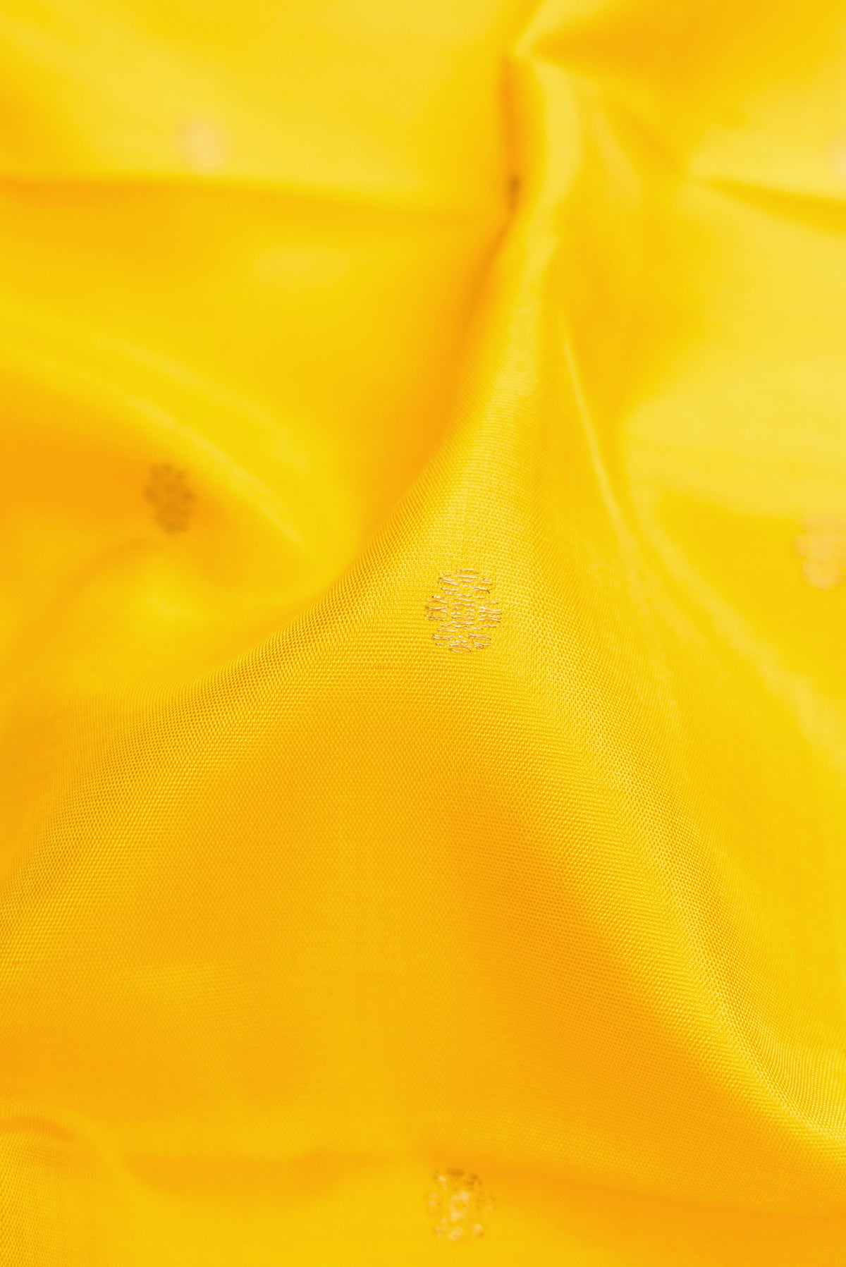 Close up of Yellow Dual Tone Kanjivaram Silk Saree with Zari Butta on the body and Zari Border.  displaying folds