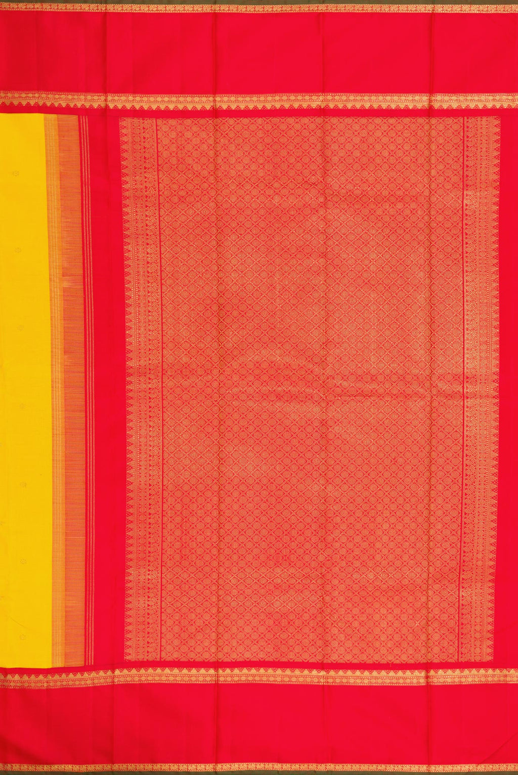Close up image of the pallu of Yellow Dual Tone Kanjivaram Silk Saree with Zari Butta on the body and Zari Border. 