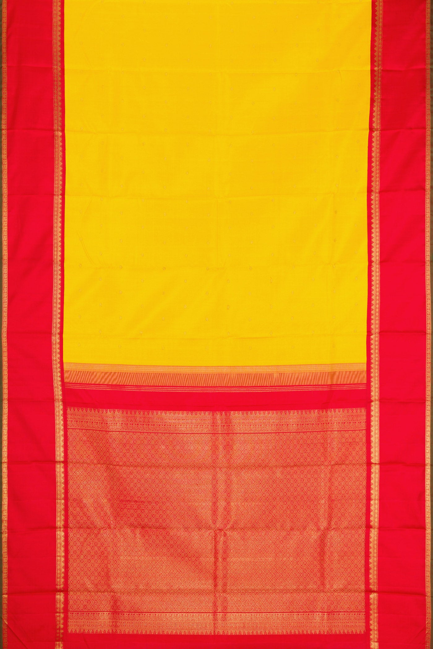 Flat view of Yellow Dual Tone Kanjivaram Silk Saree with Zari Butta on the body and Zari Border. 