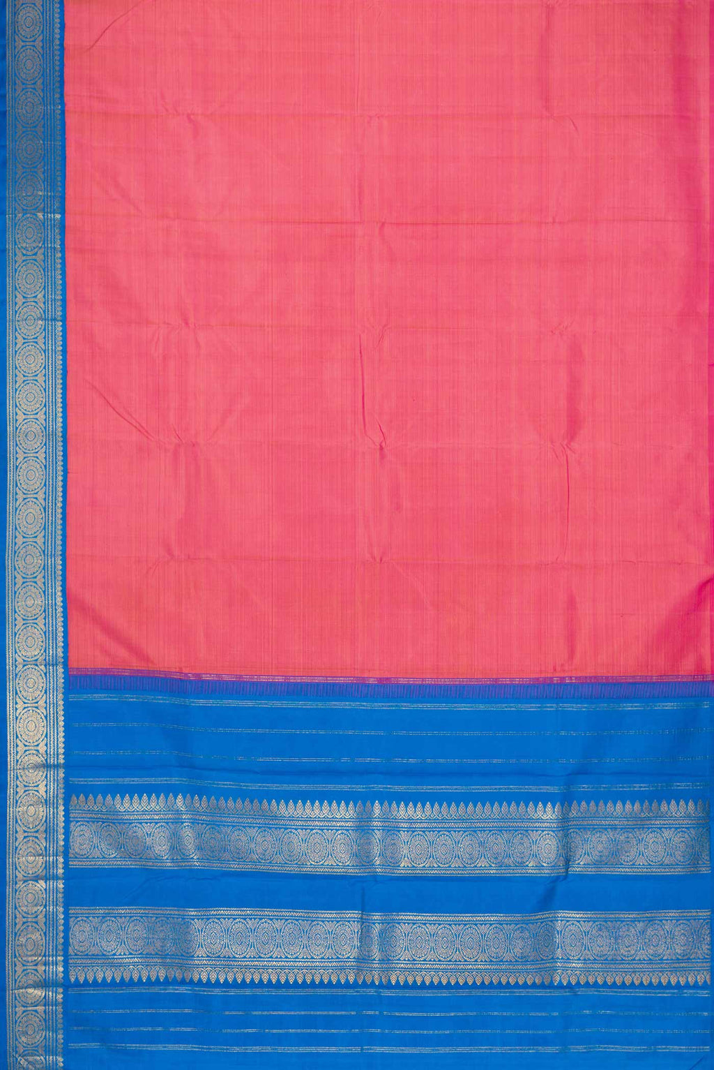 Flat view of Pure Silk Pure Zari Pink Dual Tone Kanchipuram Saree with Plain Body and Zari Border