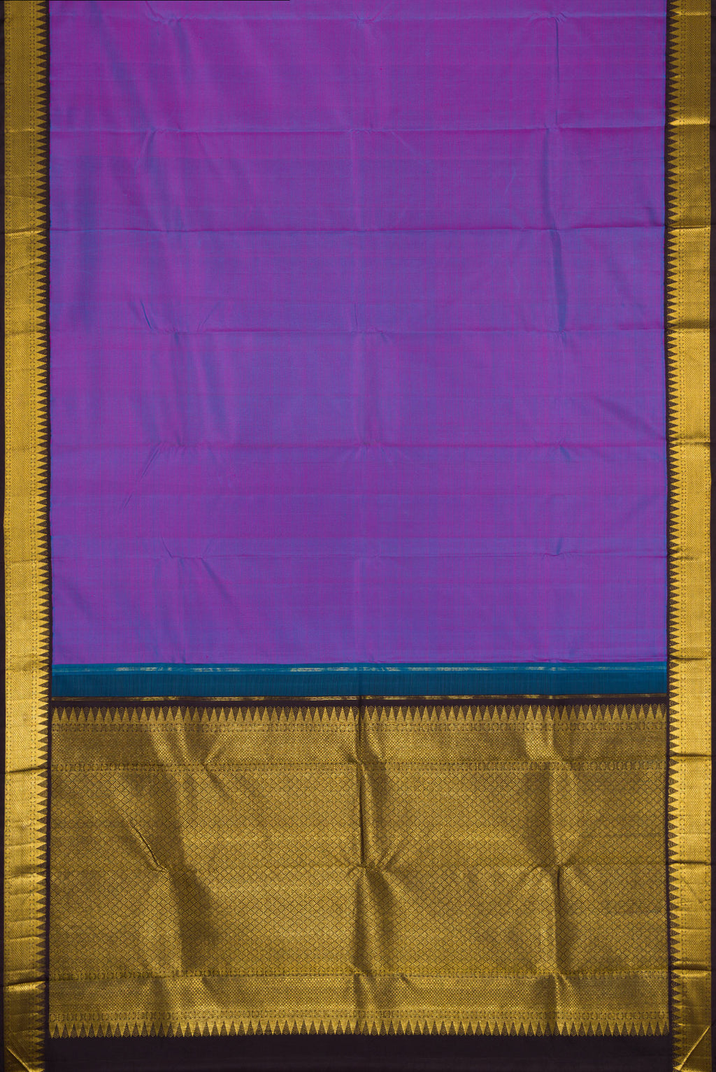 Flat view of Lavender Dual Tone Kanjivaram Silk Saree with Plain Body and Zari Border. 