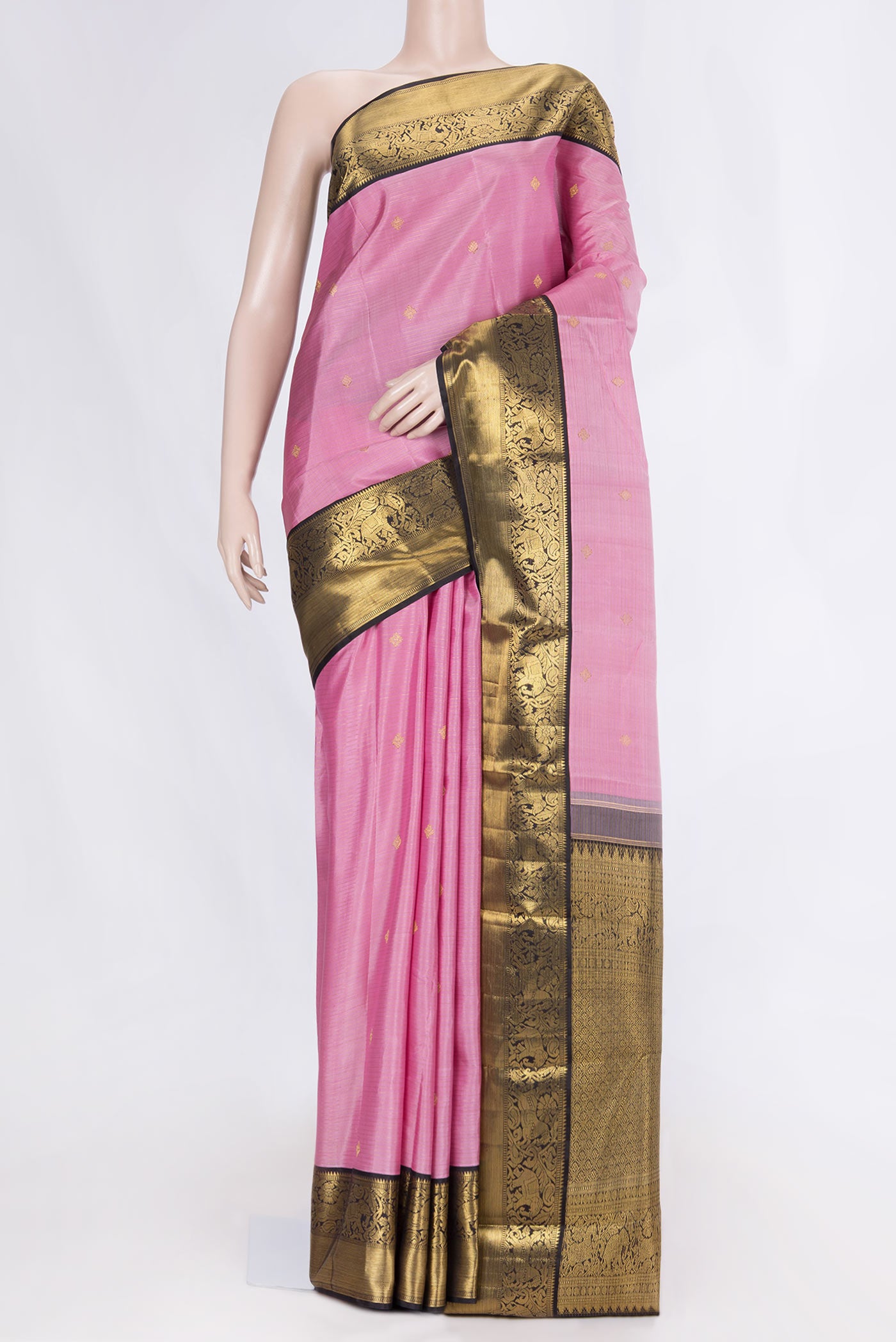 Pure Silk Pure Zari Pink Dual Tone Kanchipuram Saree with Zari Butta on the body and Zari Border displayed on a mannequin