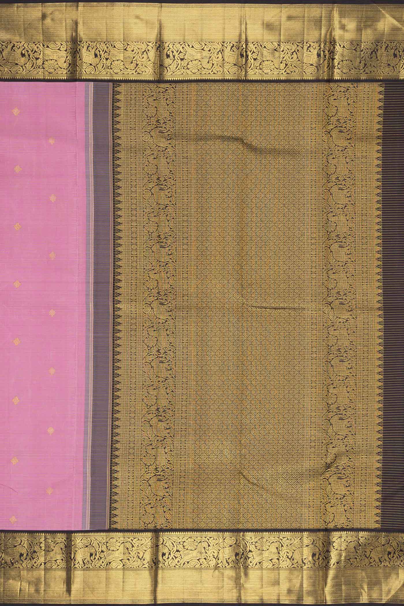 Close up image of the pallu of Pure Silk Pure Zari Pink Dual Tone Kanchipuram Saree with Zari Butta on the body and Zari Border