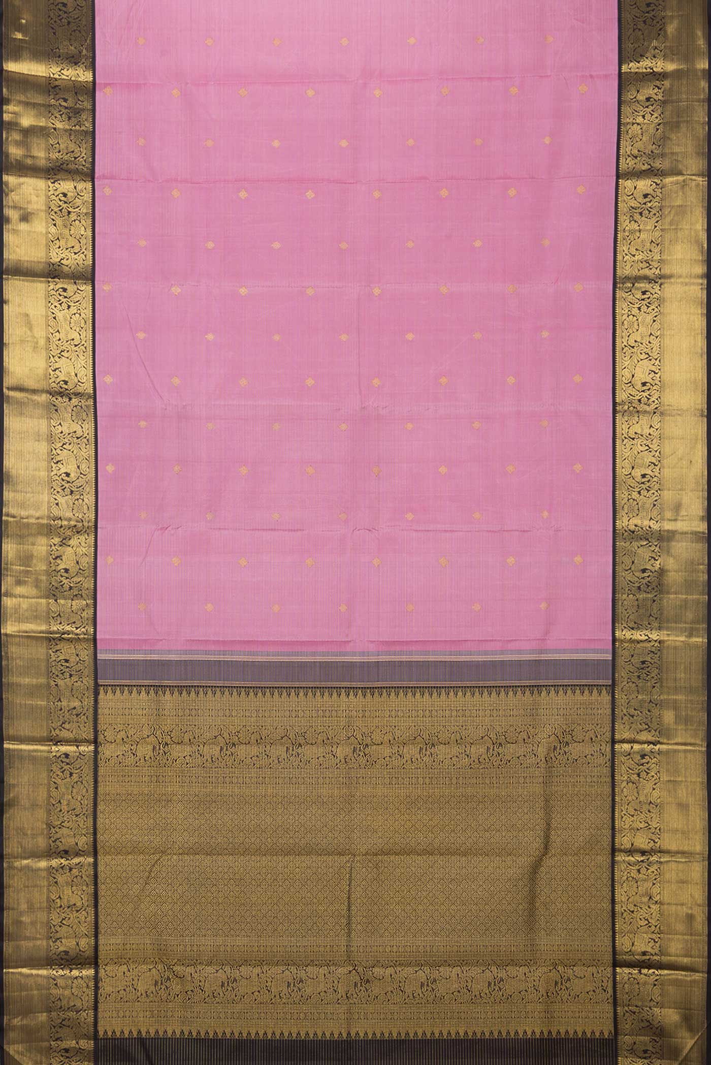 Flat view of Pure Silk Pure Zari Pink Dual Tone Kanchipuram Saree with Zari Butta on the body and Zari Border
