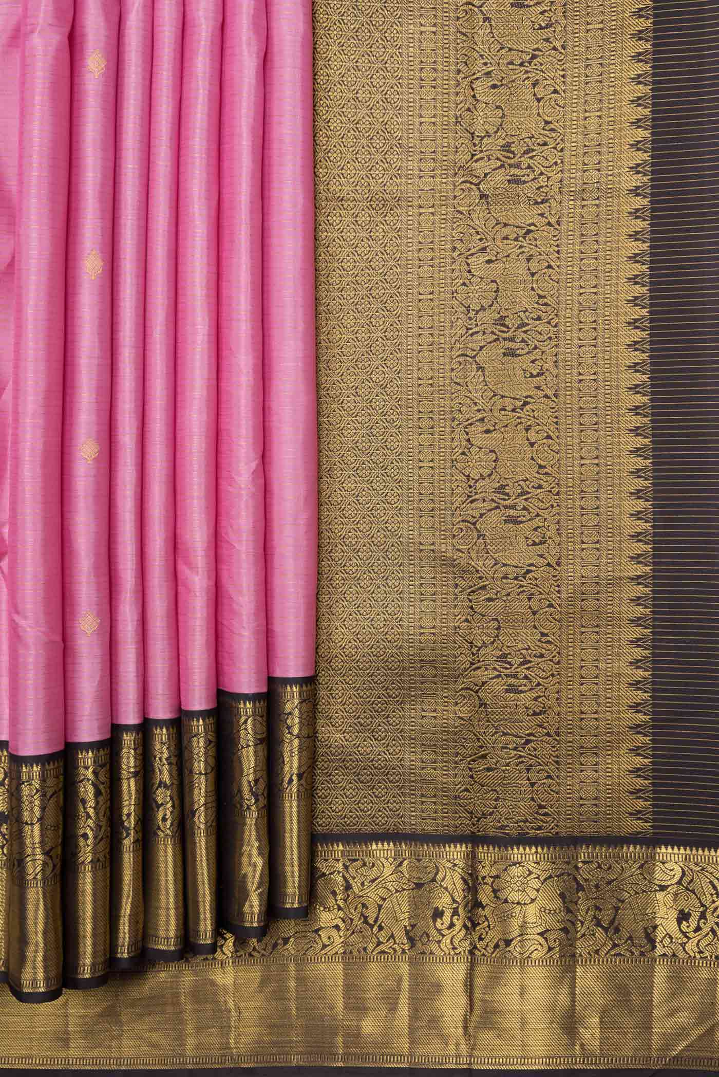 Pleats and pallu of Pure Silk Pure Zari Pink Dual Tone Kanchipuram Saree with Zari Butta on the body and Zari Border