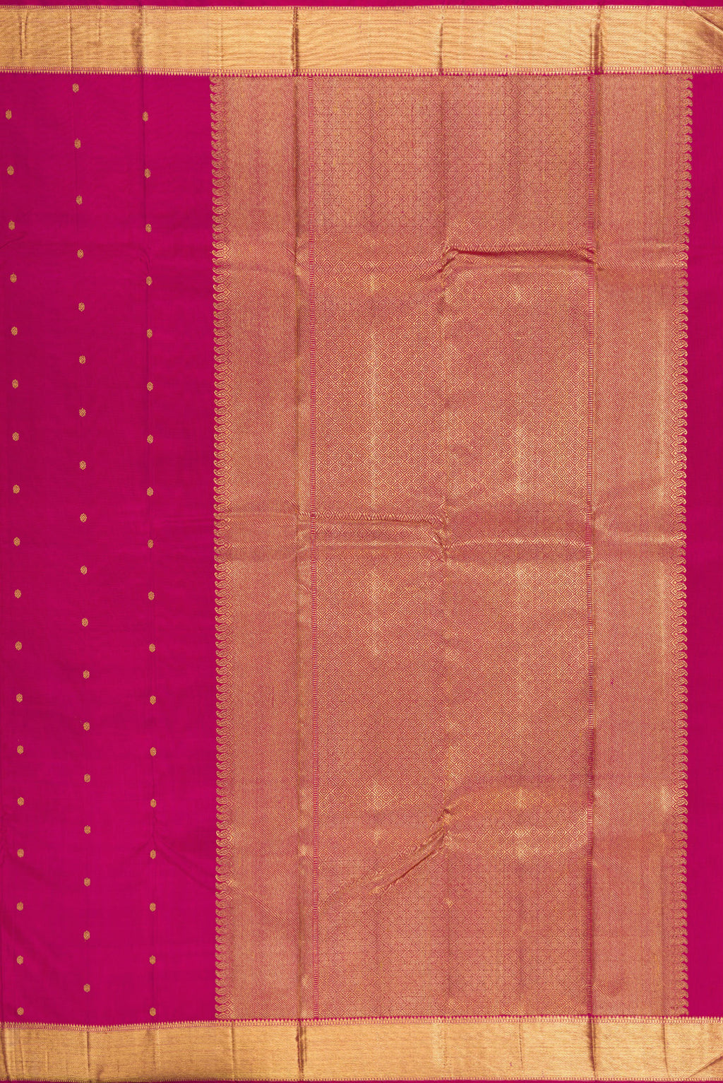 Close up image of the pallu of Pure Silk Pure Zari Magenta Kanjivaram Saree with Zari Butta on the body and Zari Border. 