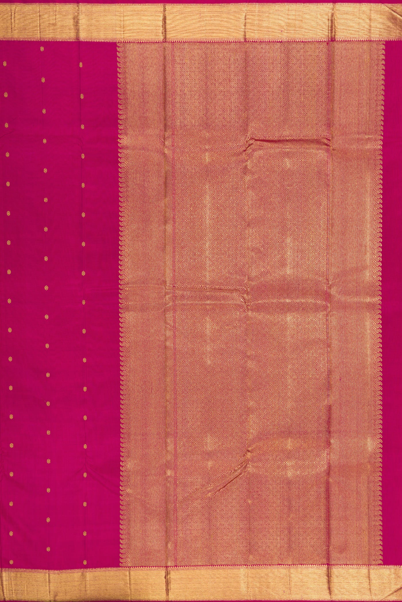 Close up image of the pallu of Pure Silk Pure Zari Magenta Kanjivaram Saree with Zari Butta on the body and Zari Border. 