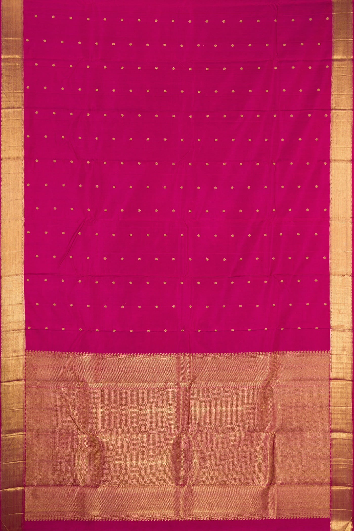 Flat view of Pure Silk Pure Zari Magenta Kanjivaram Saree with Zari Butta on the body and Zari Border. 