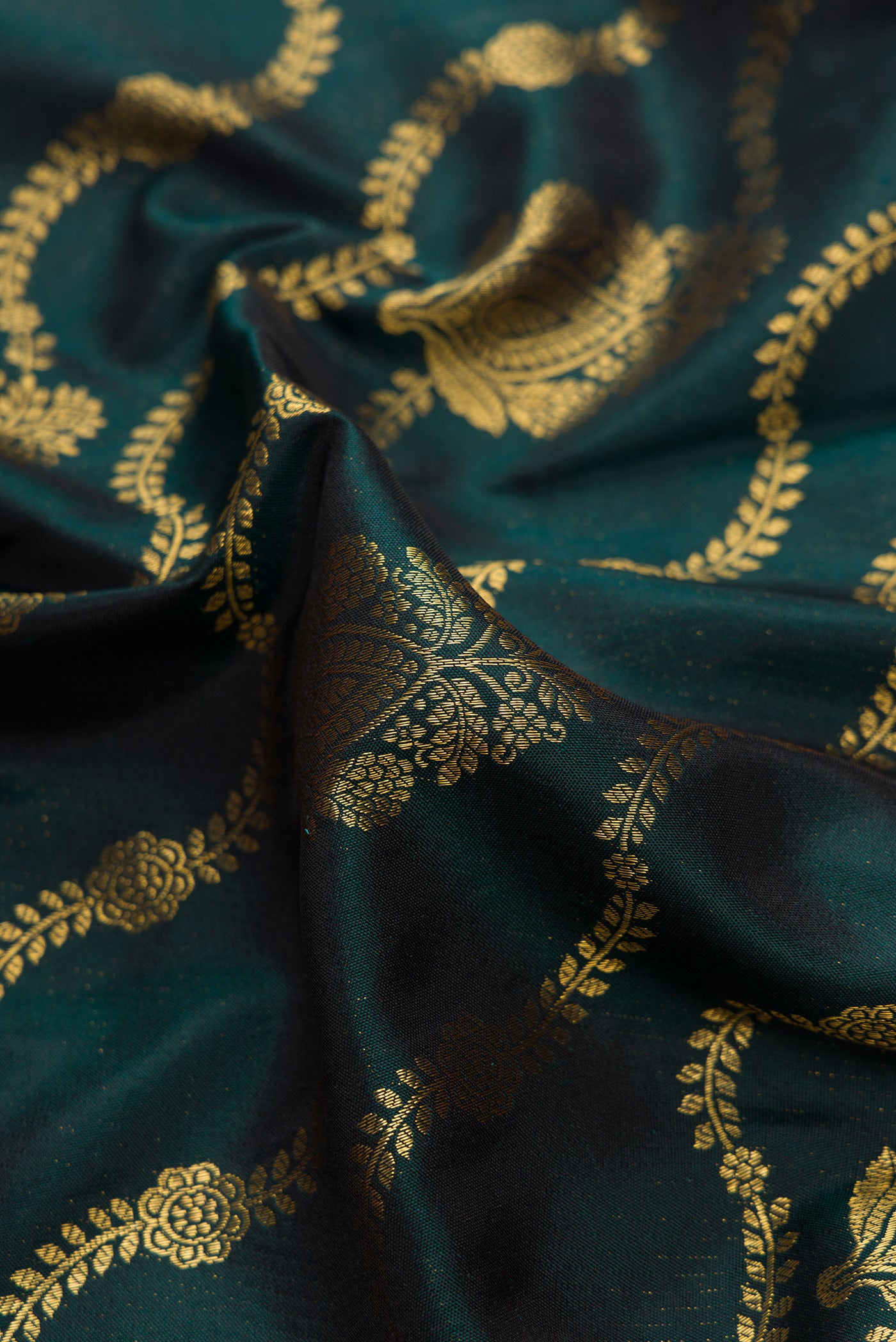 Close up of Bottle Green Dual Tone Kanjivaram Silk Saree with Zari Brocade on the body and Zari Border.  displaying folds