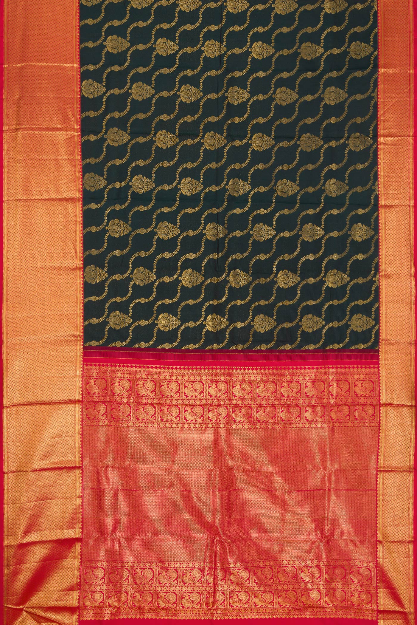 Flat view of Bottle Green Dual Tone Kanjivaram Silk Saree with Zari Brocade on the body and Zari Border. 