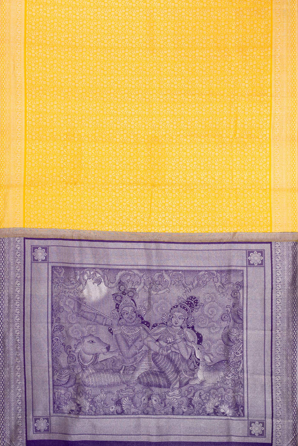 Flat view of Yellow Kanchipuram Silk Saree with Zari Brocade on the body and Fancy Border. 