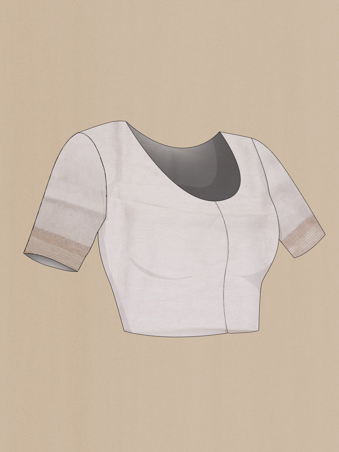 Close up image of the blouse of Beige Dual Tone Linen Saree with Printed design on the body and Zari Border. 