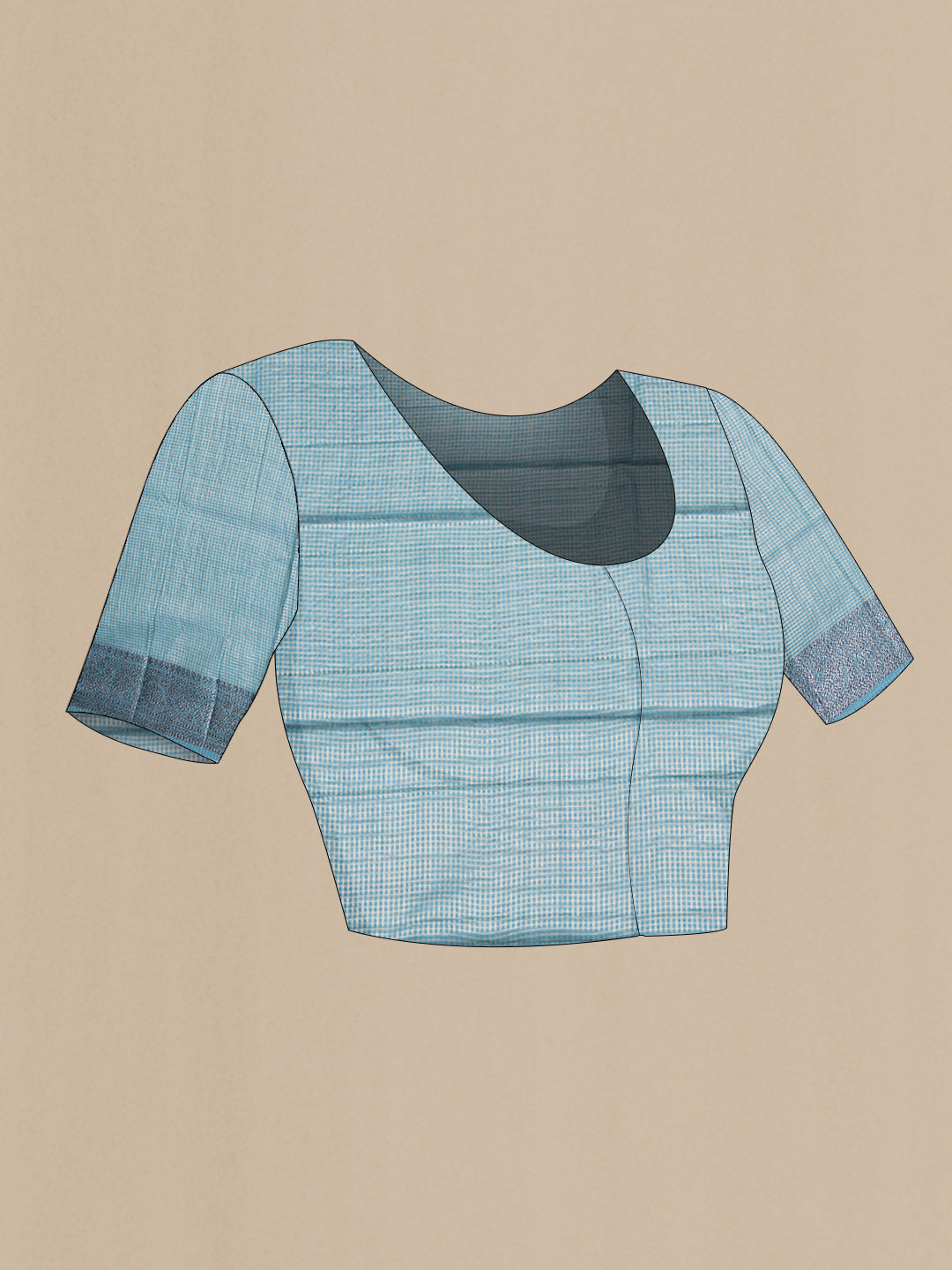 Close up image of the blouse of Grey Tussar Silk Saree with Checked design on the body and Zari Border. 