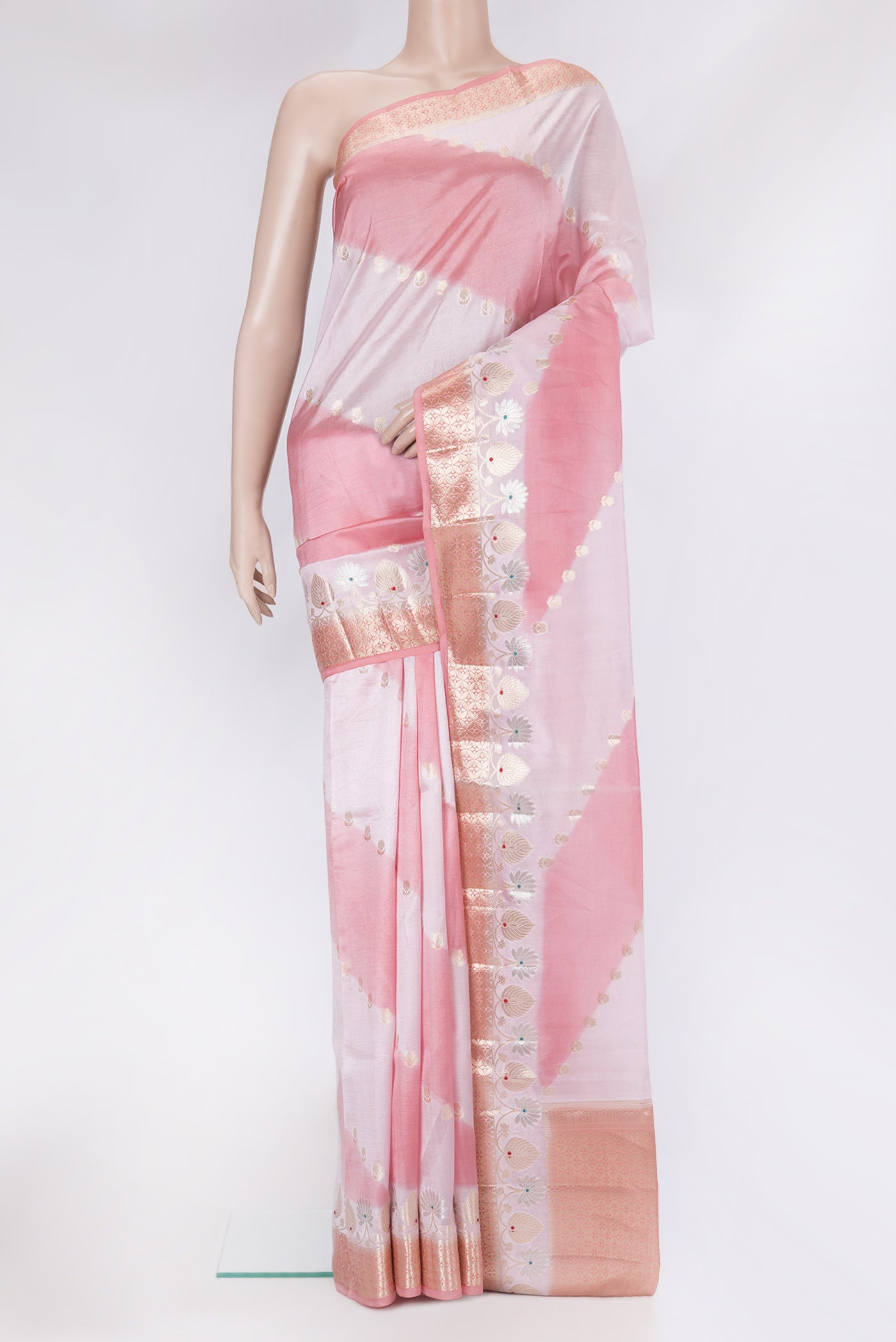 Rose pink Banarasi Raw Silk Saree with Zari Butta on the body and Fancy Border.  displayed on a mannequin