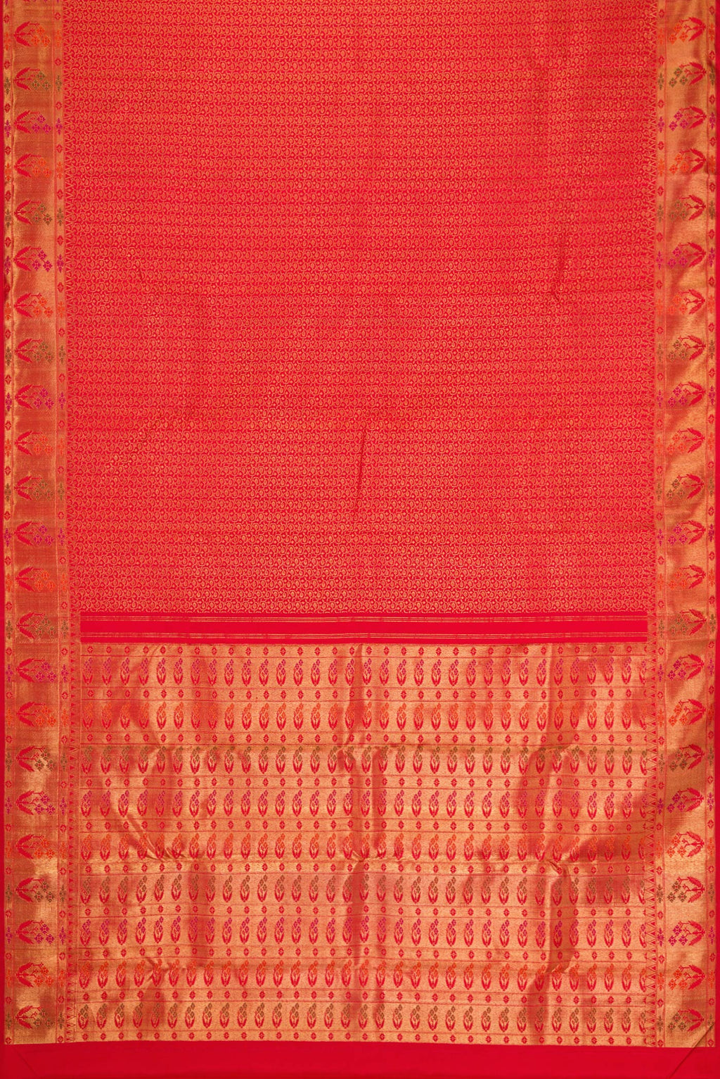 Flat view of Pure Silk Pure Zari Red Dual Tone Kanjivaram Saree with Zari Brocade on the body and Zari Border. 