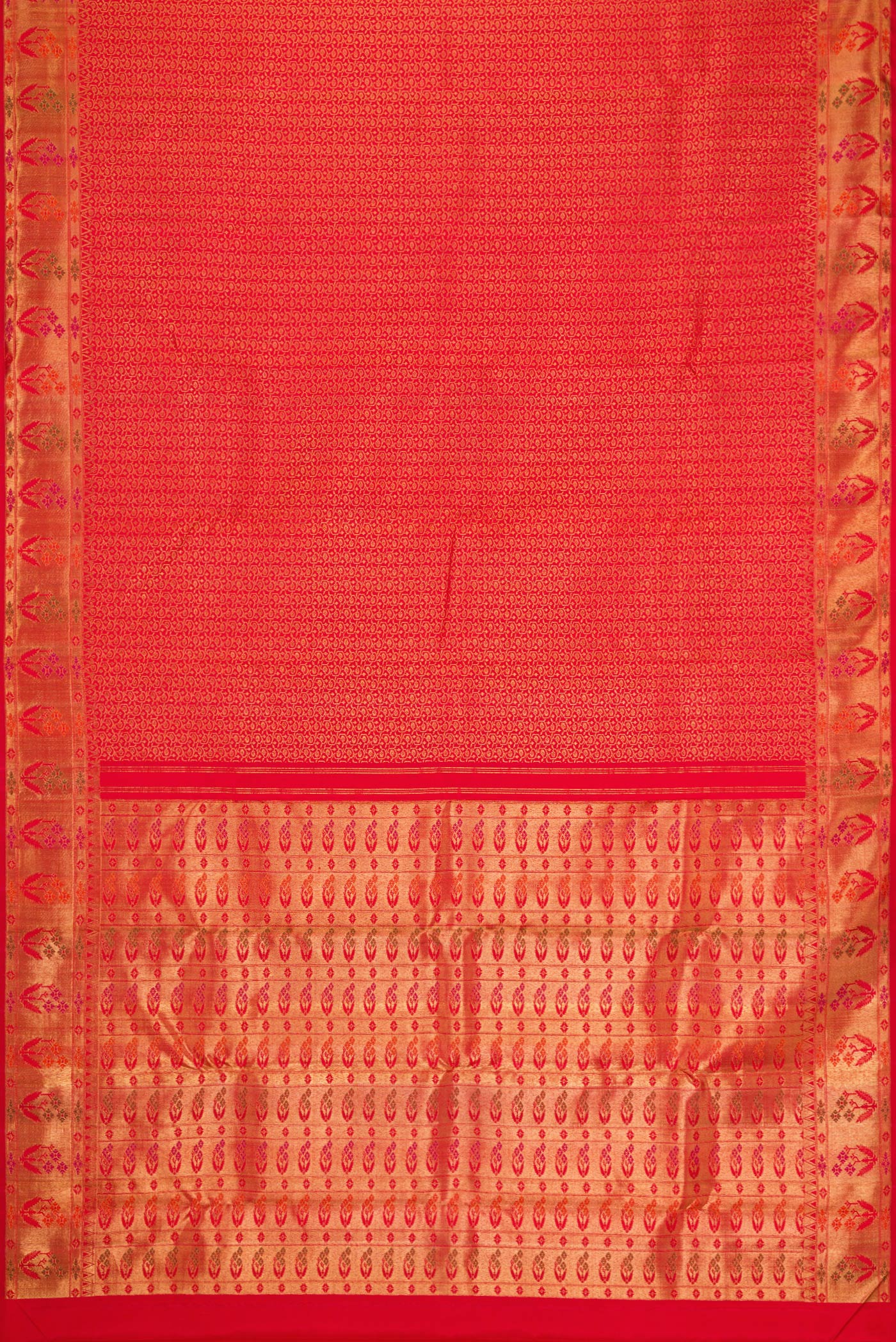 Flat view of Pure Silk Pure Zari Red Dual Tone Kanjivaram Saree with Zari Brocade on the body and Zari Border. 