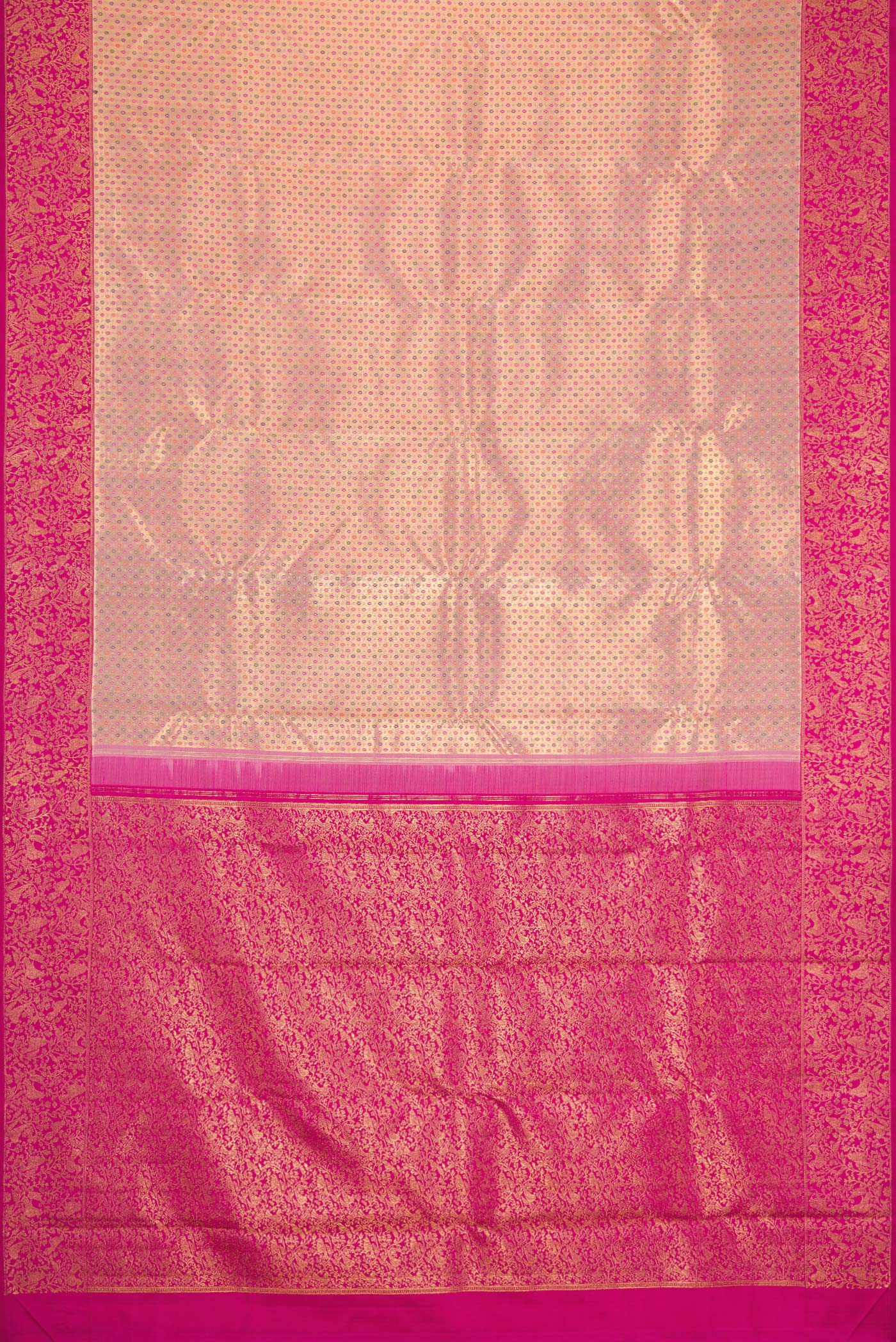 Flat view of Pure Silk Pure Zari Golden Peach Dual Tone Kanjivaram Saree with Zari Brocade on the body and Zari Border. 