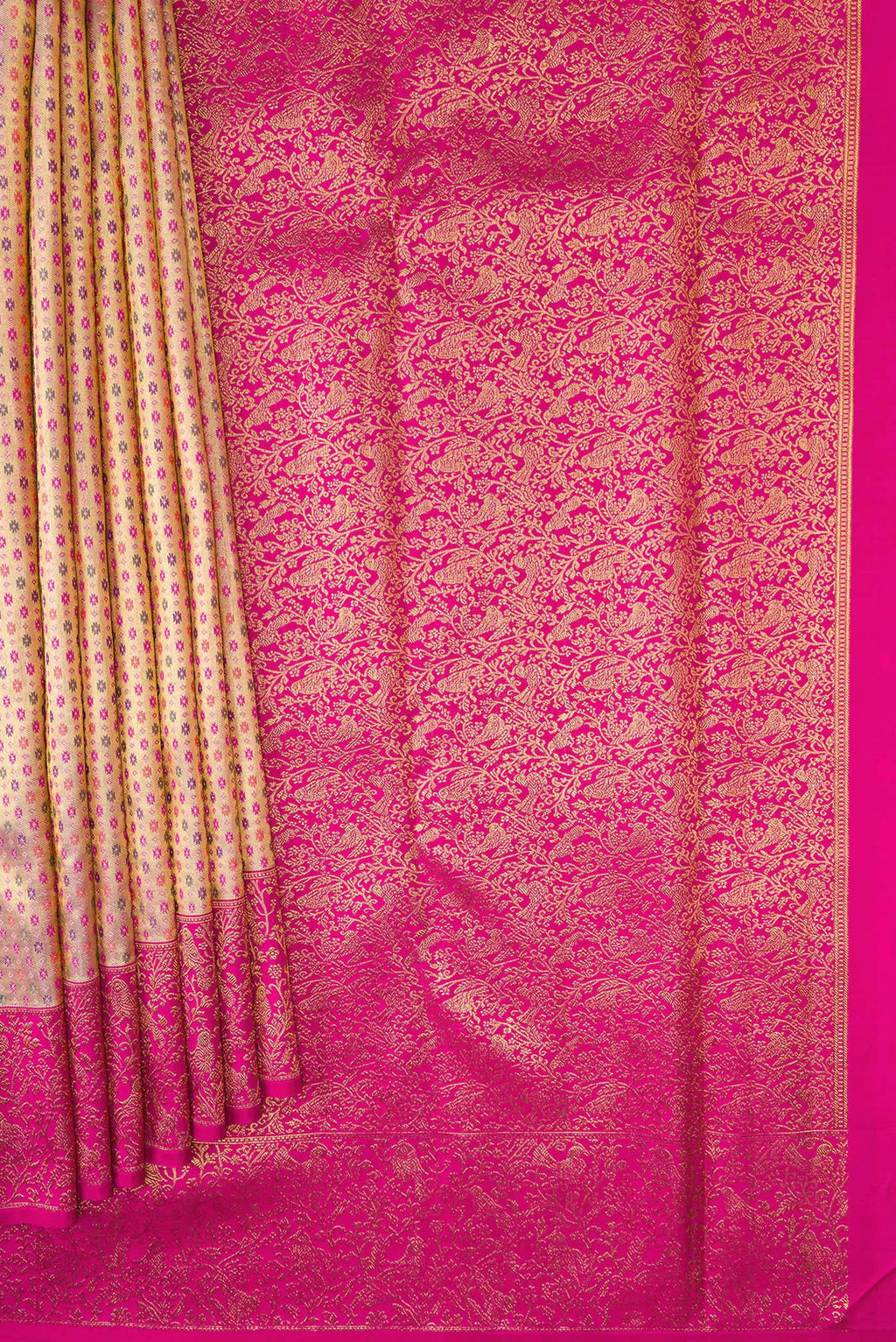 Pleats and pallu of Pure Silk Pure Zari Golden Peach Dual Tone Kanjivaram Saree with Zari Brocade on the body and Zari Border. 