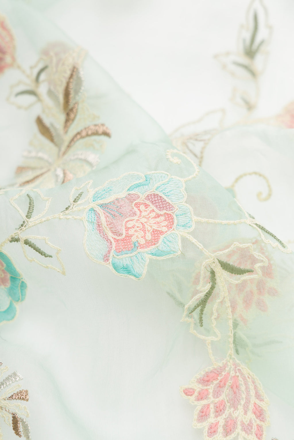 Close up of Light Green Dual Tone Organza Silk Saree with Embroidery on the body and Zari Border.  displaying folds