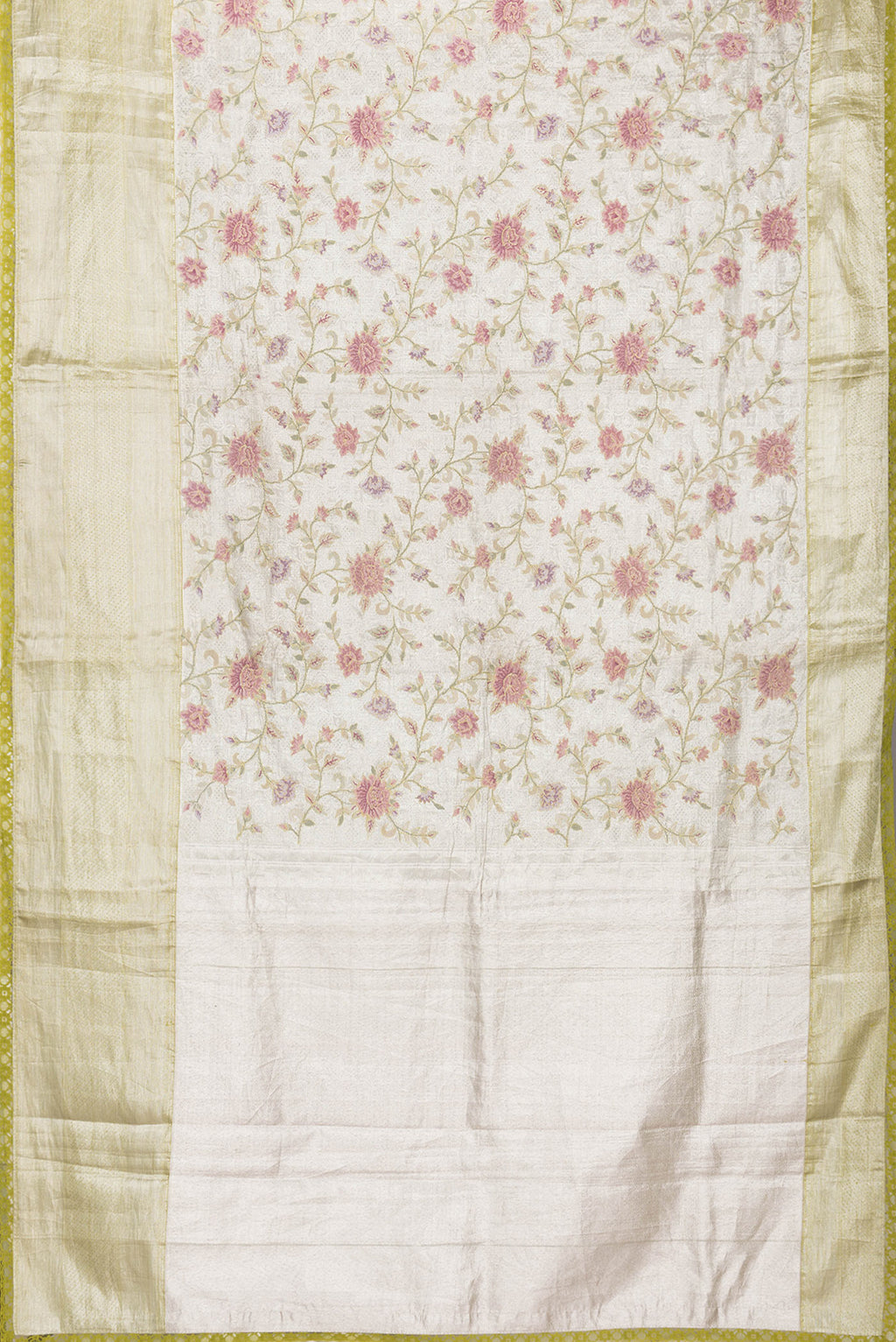 Flat view of Gold Dual Tone Organza Silk Saree with Zari Brocade on the body and Zari Border. 