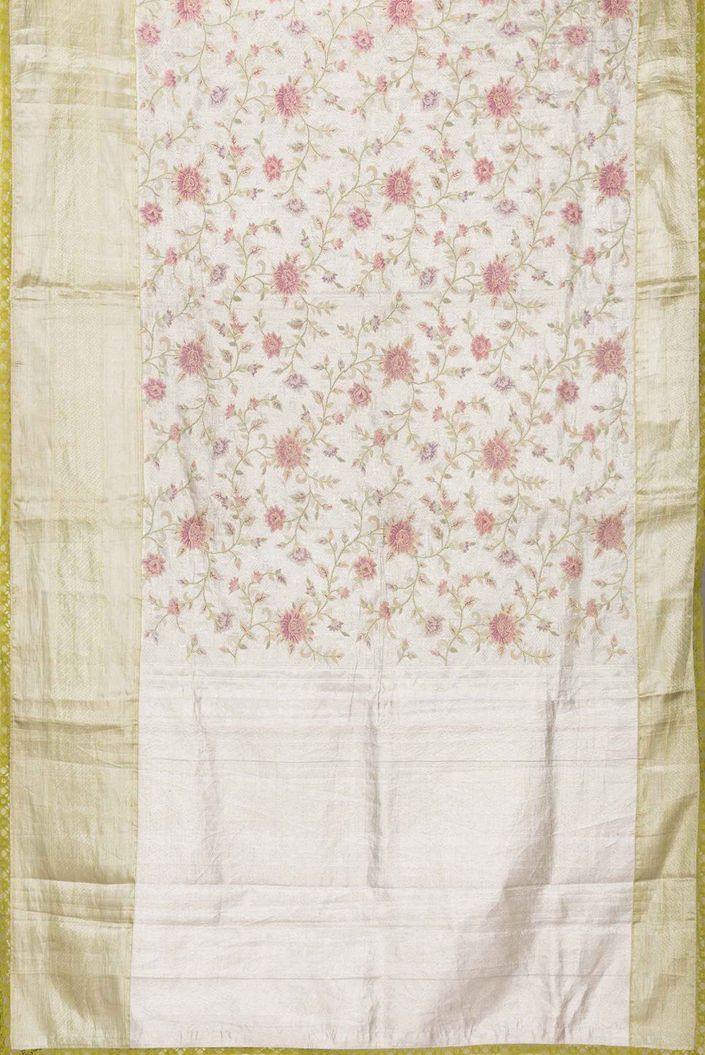 Flat view of Gold Dual Tone Organza Silk Saree with Zari Brocade on the body and Zari Border. 