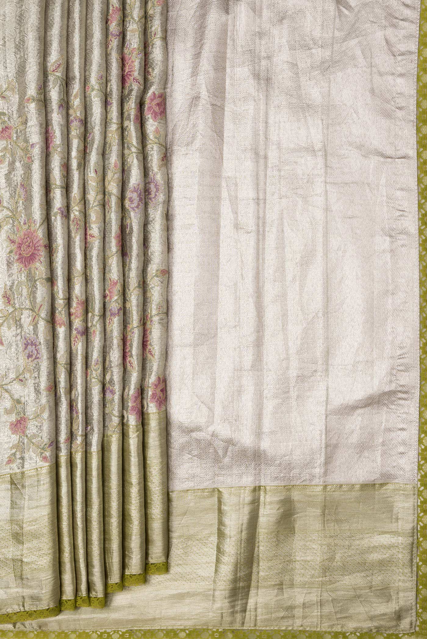 Pleats and pallu of Gold Dual Tone Organza Silk Saree with Zari Brocade on the body and Zari Border. 