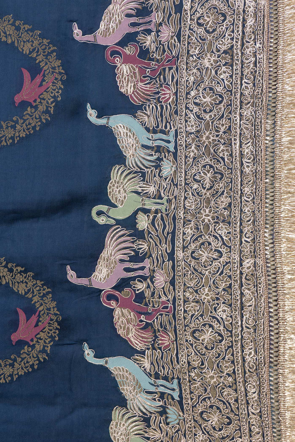 Border image of Navy Blue Dual Tone Satin Crepe Saree with Embroidery on the body and Embroidery Border. 