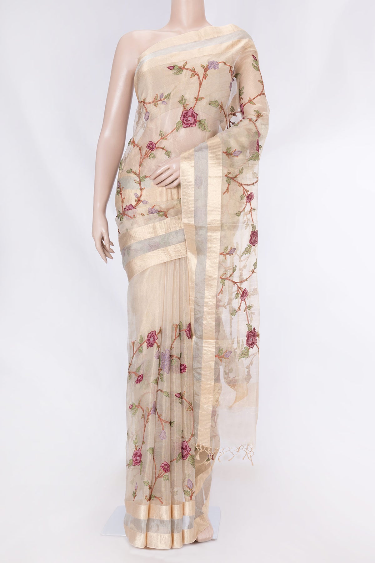Beige Dual Tone Organza Silk Saree with Embroidery on the body and Embroidery Border displayed on a mannequin