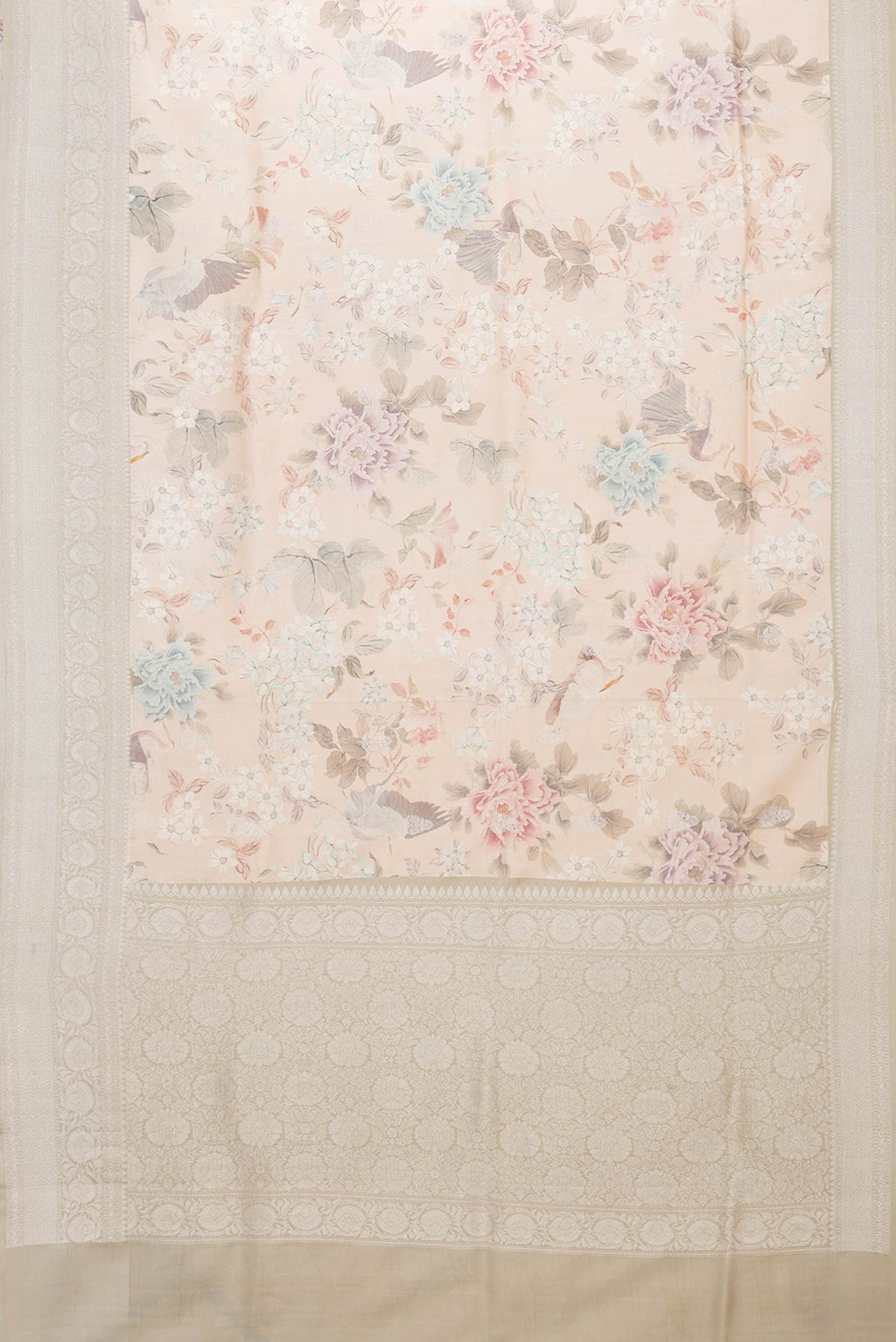 Flat view of Peach Dual Tone Tussar Saree with Zari Butta on the body and Zari Border. 