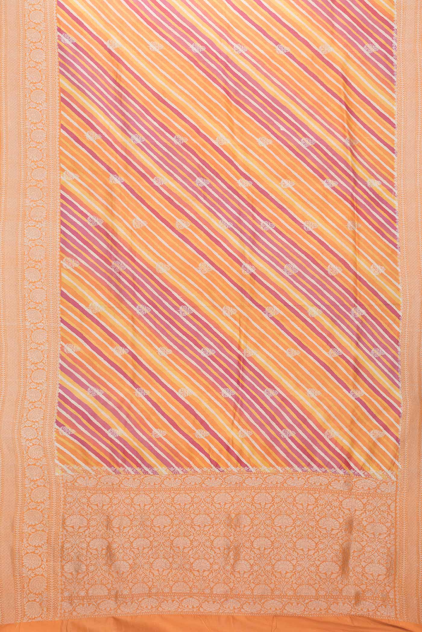 Flat view of Pink and Orange Color Tussar Saree with Zari Butta on the body and Zari Border. 