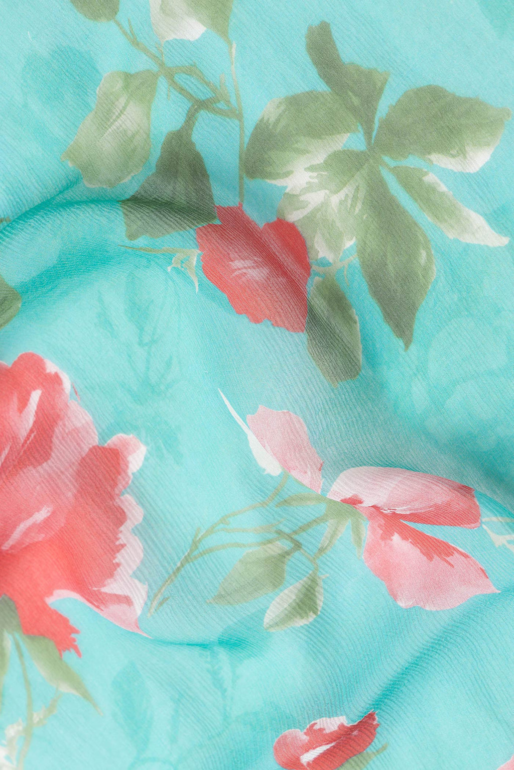 Close up of Sea Green Dual Tone Mysore Chiffon Saree with Printed design on the body and Zari Border.  displaying folds
